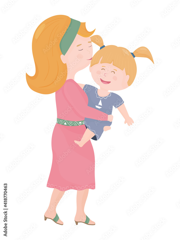 Mother with the daughter. Mom holds her daughter. Isolated on white background. Cartoon style. Vector Illustration of a Mother kissing her daughter. Mother with the daughter. Mom holds her daughter. Isolated on white background. Cartoon style. Vector Illustration of a Mother kissing her daughter.