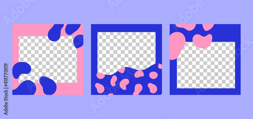 Social media template trendy set for blog posts and photo frames. Blue and pink liquid shapes. Square composition. Vector fashion background.