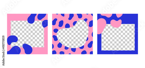 Colorful trendy set of social media template for blog posts and photo frames. Blue and pink liquid shapes. Square composition. Vector fashion background.