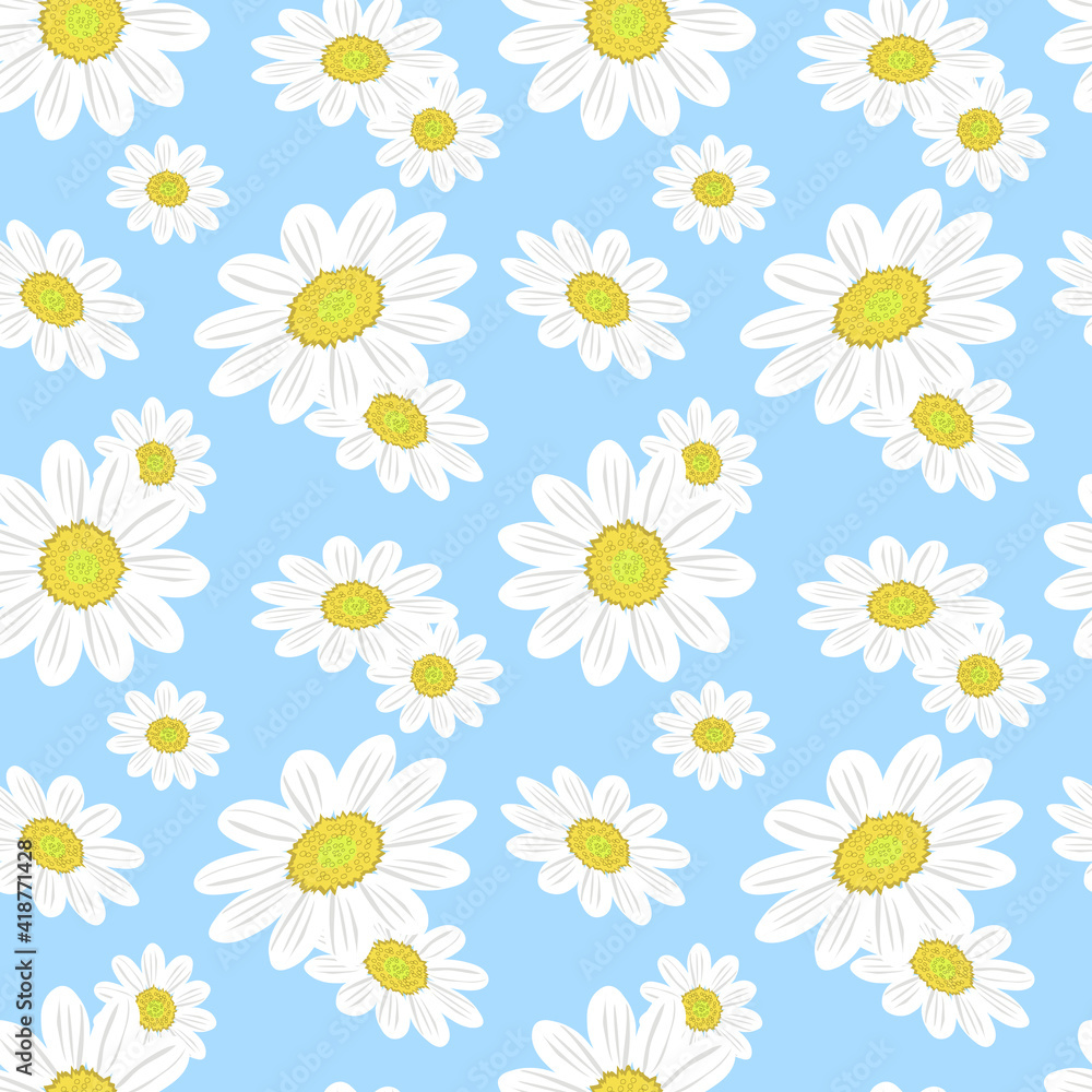 Seamless pattern with large flowers chamomile on a blue background. For printing on fabrics, textiles, paper, interior design. Seamless pattern with large flowers chamomile on a blue background. For printing on fabrics, textiles, paper, interior design.