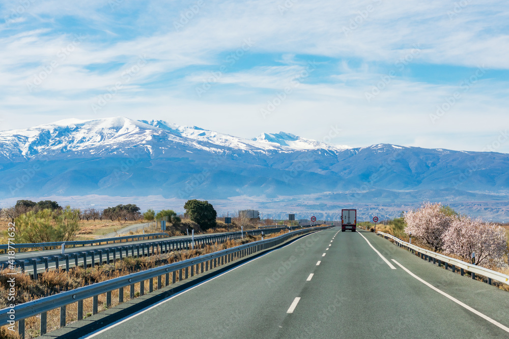 Obraz premium Straight highway with a refrigerated truck circulating and with Sierra Nevada on its north face in the background.