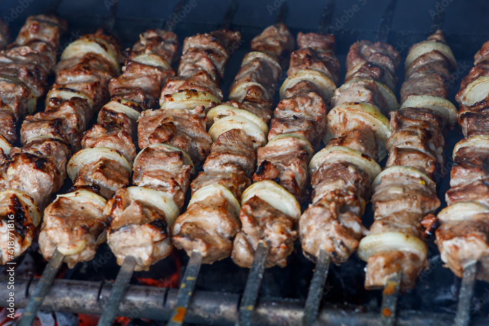 Pork kebabs are cooked on the grill. Dishes for a picnic in nature. Pork kebabs are cooked on the grill. Dishes for a picnic in nature.