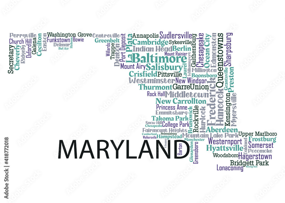 Word cloud map design includes all Counties, Cities, Municipalities in the state of Maryland. It's an editable vector file.