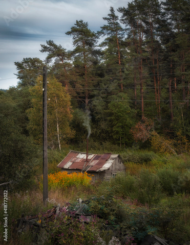 Small wooden old hut with a smoking chimney near the forest on an autumn evening