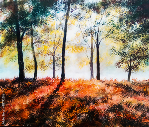 Autumn landscape. Illustration of an art painting, acrylic on canvas