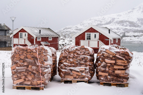 Packs de leña apilada y cortada para pasar el crudo invierno escandinavo , al norte de Noruega photo