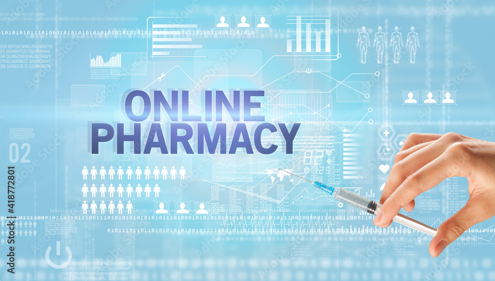 Close-up view of doctor's hand in a white glove holding syringe with ONLINE PHARMACY inscription, healthcare and medical concept Close-up view of doctor's hand in a white glove holding syringe with ONLINE PHARMACY inscription, healthcare and medical concept