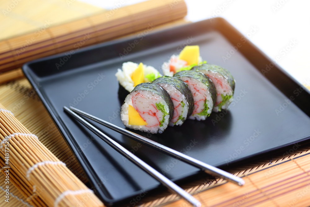 close-up of healthy and colorful sushi rolls close-up of healthy and colorful sushi rolls