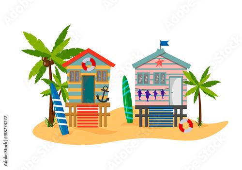 Summer beach illustration with beach houses, palm trees and sea. Vacation homes, surfboards - everything for a seaside holiday. Vector illustration for use in prints, posters, flyers and invitations