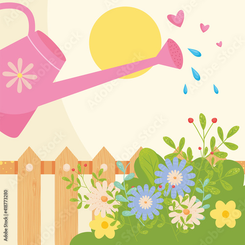 Spring watering can with flowers and fence vector design