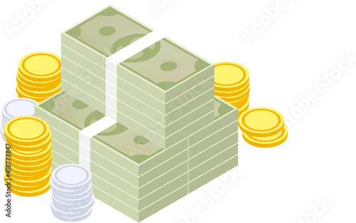 Three-dimensional illustration of stacked bills and coins, isometric