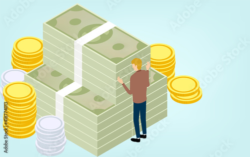 Illustration of a man hugging a lump of bills, isometric