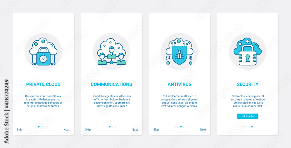 Internet privacy communication protection, antivirus security technology vector illustration. UX, UI onboarding mobile app page screen set with line cloud connection symbols, secure cyber web shield