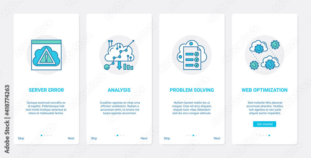 Cloud connection technology vector illustration. UX, UI onboarding mobile app page screen set with line system optimization, error analysis problem solving, optimizing service of server datacenter