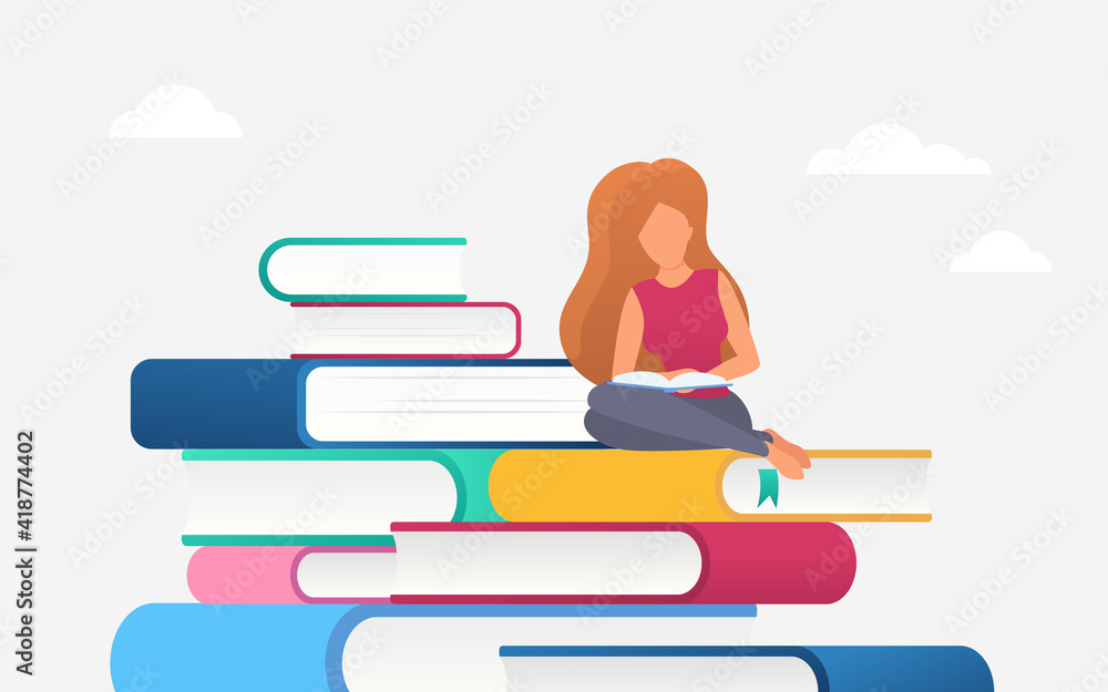 Woman reading, education knowledge concept vector illustration. Cartoon bookreader student female character studying, girl sitting on big pile literature books from library or bookstore background