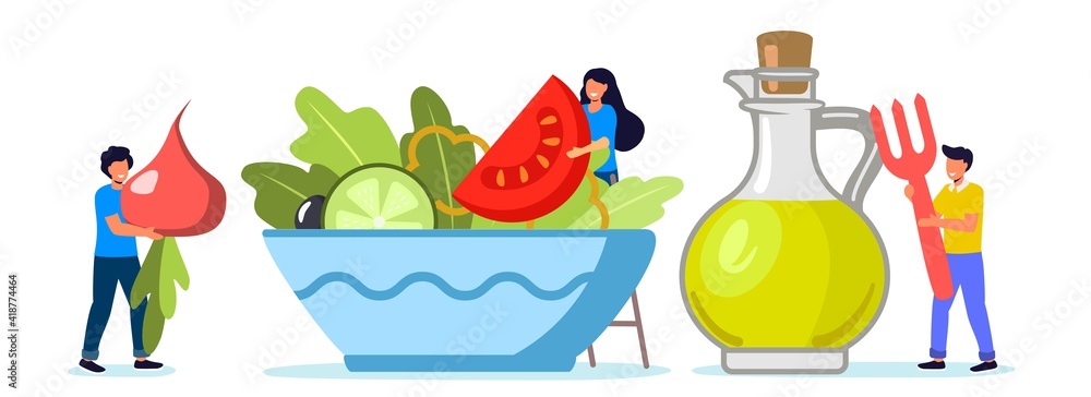 Cooking salad Tiny people standing by huge salad bowl Flat vector illustration for poster banner website Small men and women putting slices of vegetables to salad mixing bowl Healthy organic food Cooking salad Tiny people standing by huge salad bowl Flat vector illustration for poster banner website Small men and women putting slices of vegetables to salad mixing bowl Healthy organic food