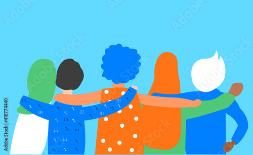 Flat illustration about friendship, bond, diversity, inclusion and togetherness without any difference. Some teenager boy and girls back side is seen, each of them put their hand in others shoulder.