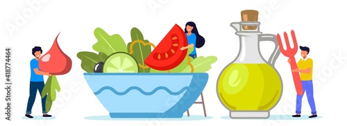 Cooking salad Tiny people standing by huge salad bowl Flat vector illustration for poster banner website Small men and women putting slices of vegetables to salad mixing bowl Healthy organic food