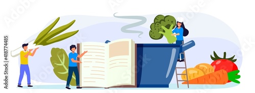 Cooking soup Tiny people standing by huge saucepan Flat vector illustration for poster banner website Small men and women putting slices of vegetables to pot according to the recipe book Healthy organ