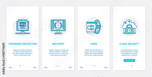 Network security modern technology vector illustration. UX, UI onboarding mobile app page screen set with line account password protection and recovery, cloud cybersecurity, safe networking symbols