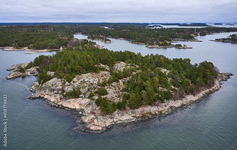 Aerial view of the Baltic seashore in Finland in Autumn. Porkkalanniemi is a peninsula in the Gulf of Finland.