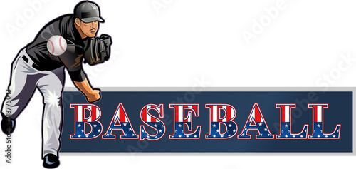 USA flag and Baseball pitcher throws ball.