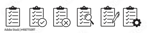 Clipboard icon set in line style, checkmarks Clip board, crossed, Clipboard with gear, pen and magnifier, Quality check symbol, vector illustration