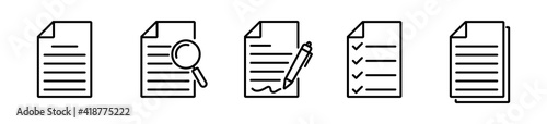 Paper documents icon set in line style. Paper with pen and magnifier. Pen signing a paper, File symbol, vector illustration