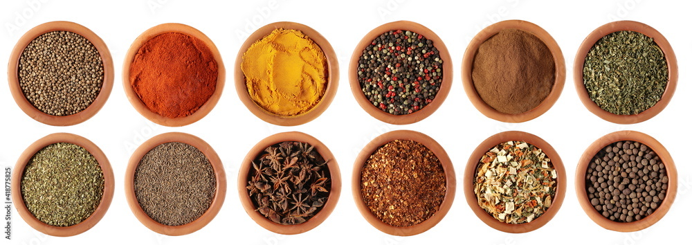Set spice, coriander, red paprika powder, turmeric, colorful mixed pepper grains, cinnamon, dry chives, oregano, cumin, star anise, spicy chili pepper flake, vegetable mix, allspice, isolated on white