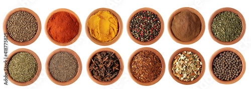 Set spice, coriander, red paprika powder, turmeric, colorful mixed pepper grains, cinnamon, dry chives, oregano, cumin, star anise, spicy chili pepper flake, vegetable mix, allspice, isolated on white