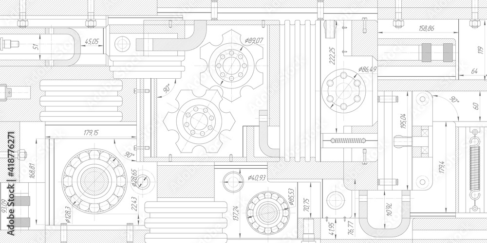 Technical drawing background .Mechanical Engineering drawing.Rotating gears.Vector illustration.		