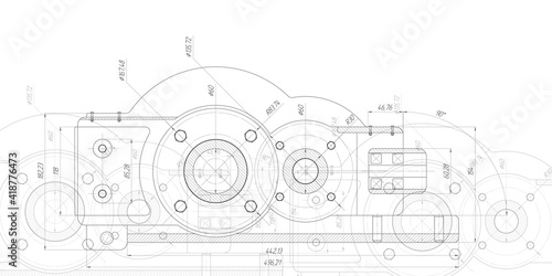 Technical drawing of gears .Rotating mechanism of round parts .Machine technology. Vector illustration.	