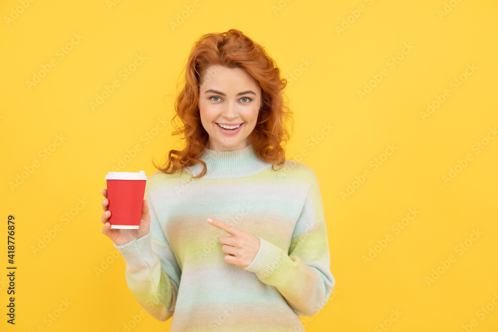 woman pointing finger on plastic cup. good morning. express happiness. positive emotions woman pointing finger on plastic cup. good morning. express happiness. positive emotions