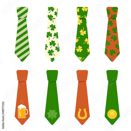 A set of patterns for leprechaun ties. Vector illustration with the holiday of St. Patrick's Day.