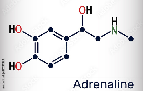 Adrenaline, epinephrine molecule.  It is a hormone, neurotransmitter and medication. Skeletal chemical formula
