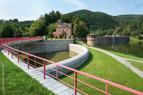 Valley dam Bystricka. View from overflow. East Moravia. Czechia. Europe.  photo