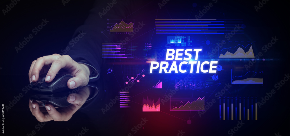 hand holding wireless peripheral with BEST PRACTICE inscription, cyber business concept hand holding wireless peripheral with BEST PRACTICE inscription, cyber business concept
