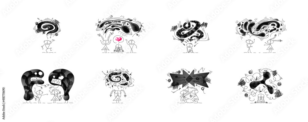 Collection of cute drawings about negative emotions. Bundle of vector miniatures. Characters are created in linear style with black line.
