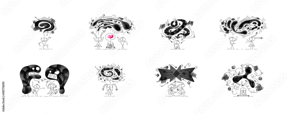 Naklejka premium Collection of cute drawings about negative emotions. Bundle of vector miniatures. Characters are created in linear style with black line.