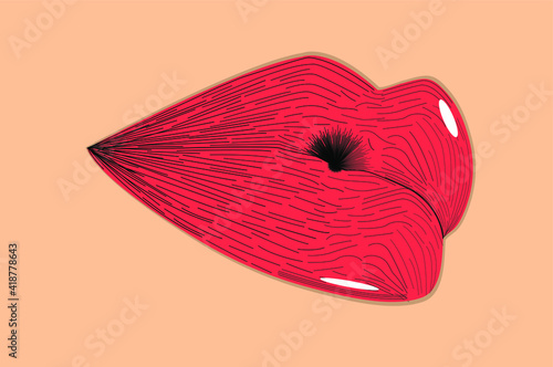 Vector illustration of light red lips, filled with lines for texture, with white light spots and a skin-colored background