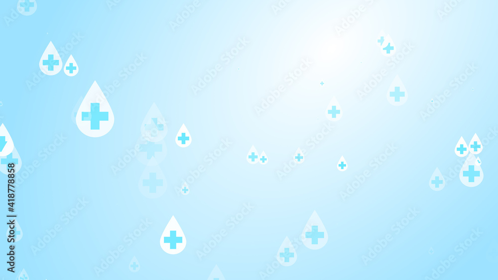 Medical health cross white on blue sanitizer drop pattern background. Abstract healthcare clean and Hygiene concept.