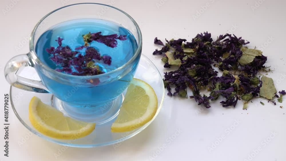 Inflorescences of butterfly-pea flower floats in a cup with dry inflorescences of butterfly-pea flower, which stands on a saucer with lemon slices on the table near dry flowers Inflorescences of butterfly-pea flower floats in a cup with dry inflorescences of butterfly-pea flower, which stands on a saucer with lemon slices on the table near dry flowers