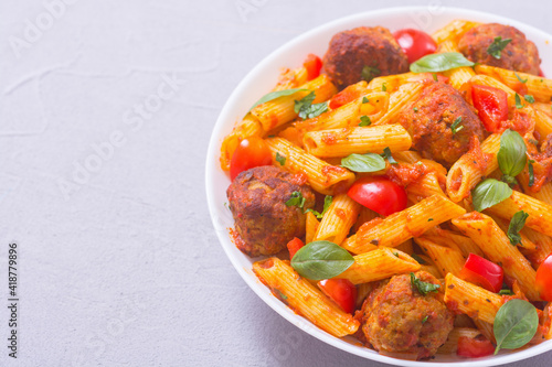 Italian penne pasta with meatballs and tomatoes © whitestorm