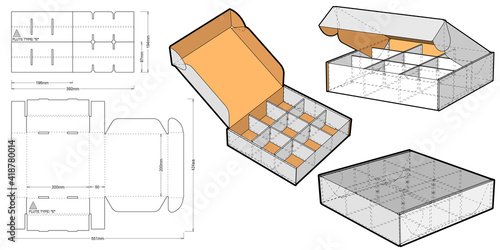 Cardboard box for sending mail. Ease of assembly, no need for glue (internal measurement of each separator 6x6x5 cm) and Die-cut Pattern. The .eps file is full scale and fully functional.