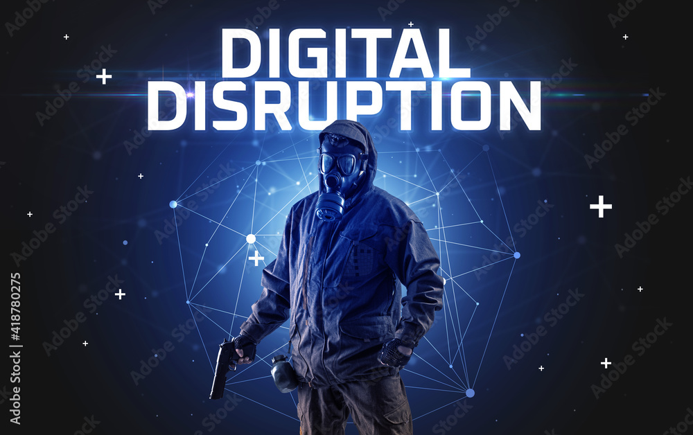 Mysterious hacker with DIGITAL DISRUPTION inscription, online attack concept inscription, online security concept