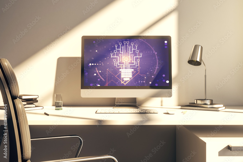Modern computer monitor with creative light bulb hologram and chip on laptop background, idea and brainstorming concept. 3D Rendering Modern computer monitor with creative light bulb hologram and chip on laptop background, idea and brainstorming concept. 3D Rendering
