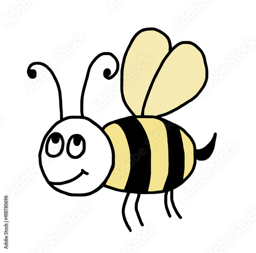 Yellow and black cartoon bee. A cheerful, honeybee on a white background. A beautiful insect with wings and whiskers. Print on children`s clothing, for a children`s bedroom or for a kindergarten.
