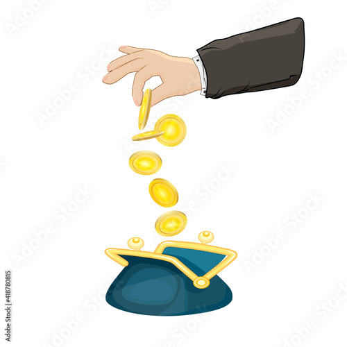 Hand puts money into the wallet isolated on white background. Growth, income, savings, investment concept. Symbol of wealth or finance. Business success.Bank deposit metaphor.Stock vector illustration