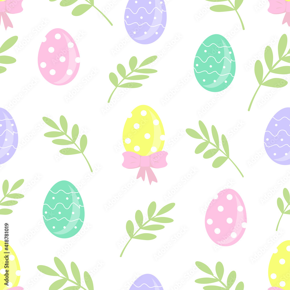 Easter seamless pattern with cute eggs and twigs. Hand-drawn flat cartoon illustration. Template for wrapping paper, cover, textile, fabric, etc. Easter seamless pattern with cute eggs and twigs. Hand-drawn flat cartoon illustration. Template for wrapping paper, cover, textile, fabric, etc.