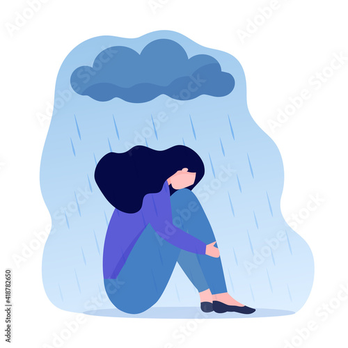 Young depressed woman sitting under metaphoric rainy cloud. Lonely sad female hugging her knees. Concept of depression, mental health, psychology problem, abuse and harassment. Vector illustration